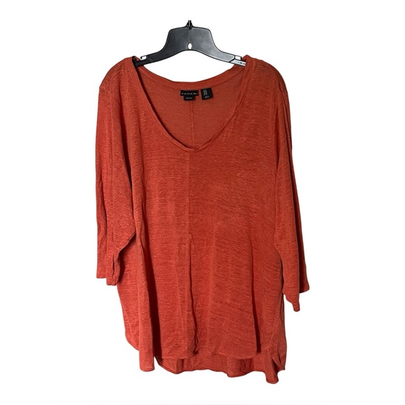 Tahari 100% Linen Rusty Orange V Neck 3/4 Sleeve Pullover Top Shirt Size 1X - Picture 1 of 6